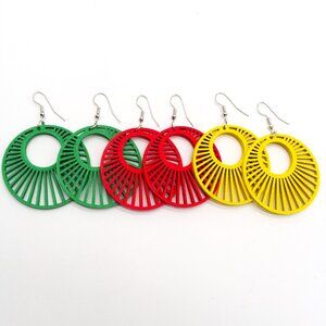 Earrings Wood Cut 3pr Rasta Dangle Boho Stylish Trendy Round Weed Marley ganja